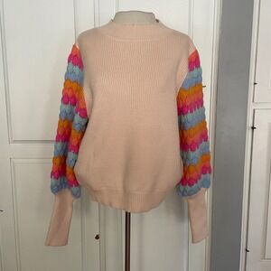 THML Pink‎ Mock Neck Sweater Statement Colorful Striped Balloon Sleeve Knit